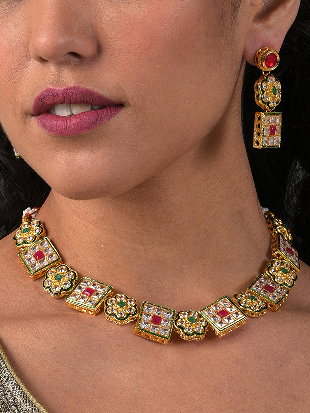 MULTI COLOUR SQUARED NECKLACE WITH EARRING SET