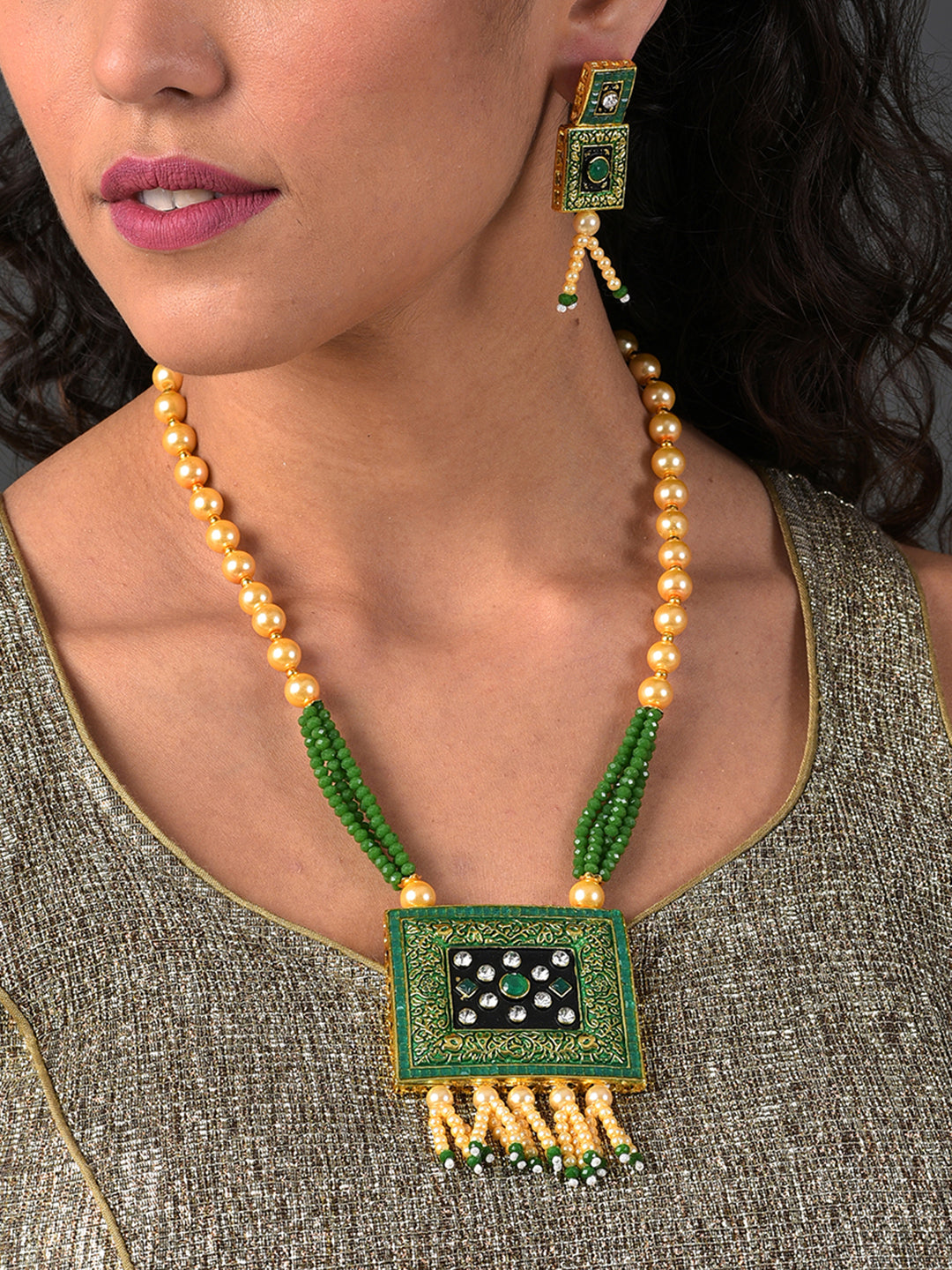 MEENAKARI SQUARE PENDANT MALA SET