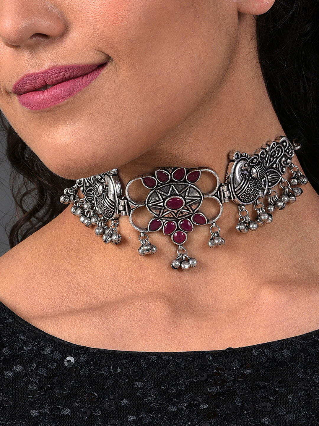 SILVER OXIDISED PEACOCK CHOKER