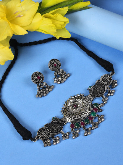 SILVER OXIDISED QUIRKY CHOKER SET
