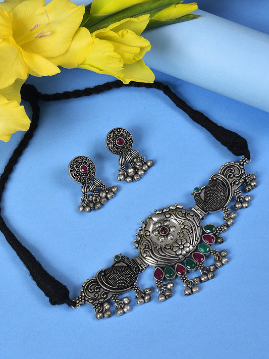 SILVER OXIDISED QUIRKY CHOKER SET