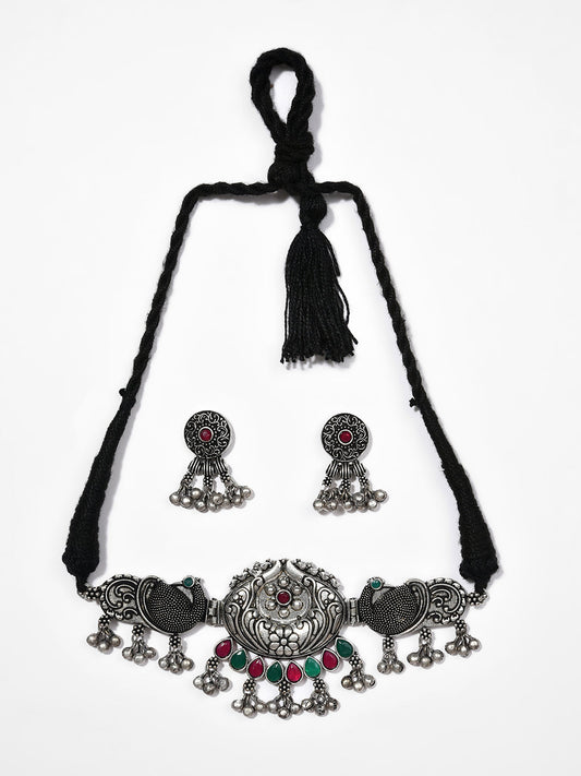 SILVER OXIDISED QUIRKY CHOKER SET
