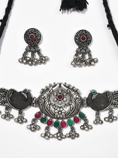 SILVER OXIDISED QUIRKY CHOKER SET