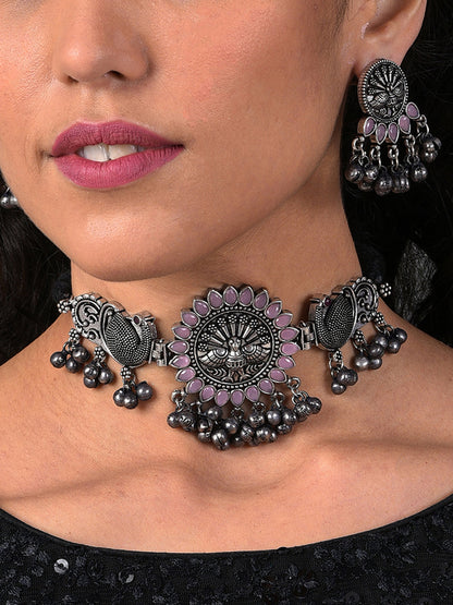 SILVER OXIDISED ROUND CHOKER SET