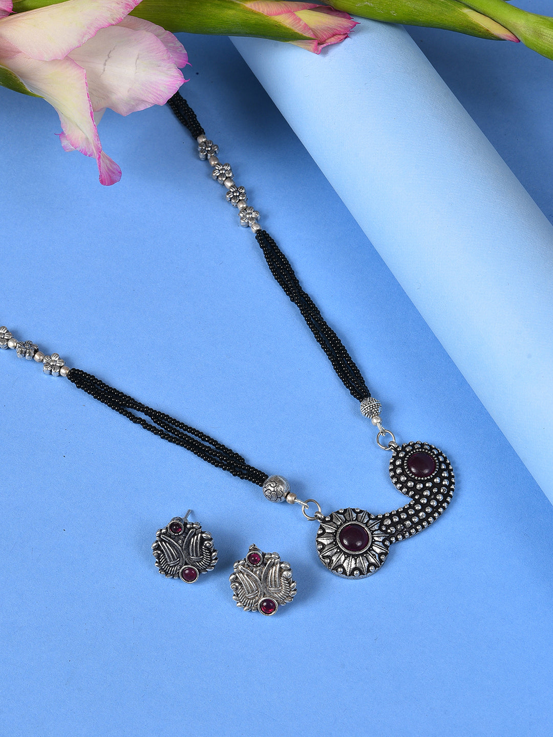 SILVER OXIDISED BOHO NECKLACE SET