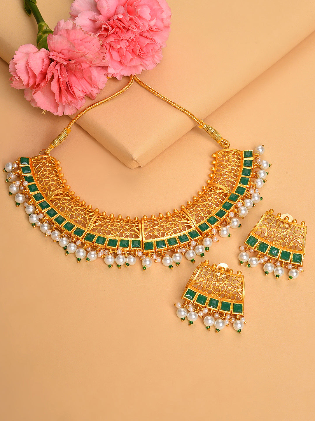 GOLD PLATED DESIGNER STONE BEADED NECKLACE AND EARRINGS SET