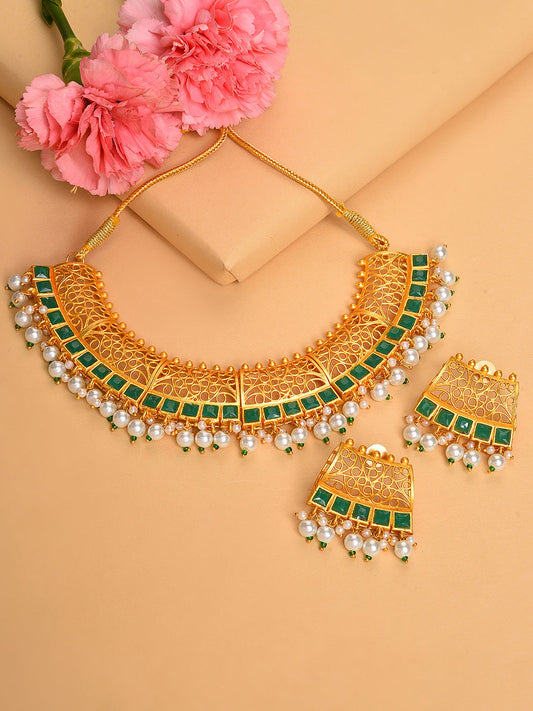 GOLD PLATED DESIGNER STONE BEADED NECKLACE AND EARRINGS SET