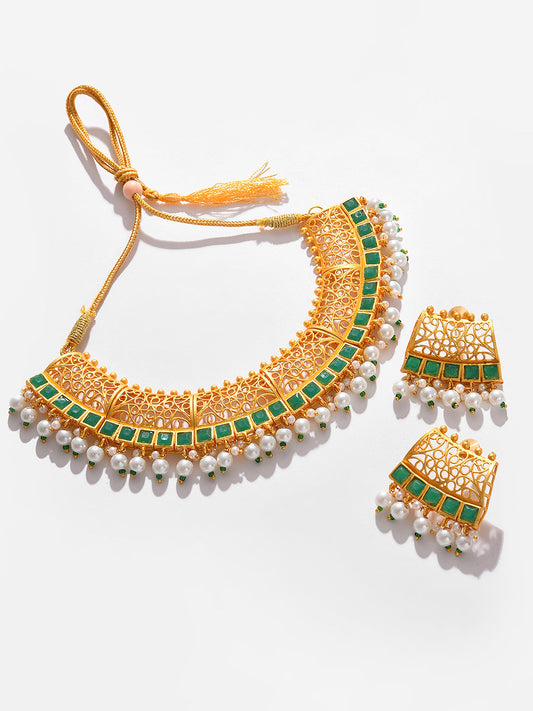 GOLD PLATED DESIGNER STONE BEADED NECKLACE AND EARRINGS SET