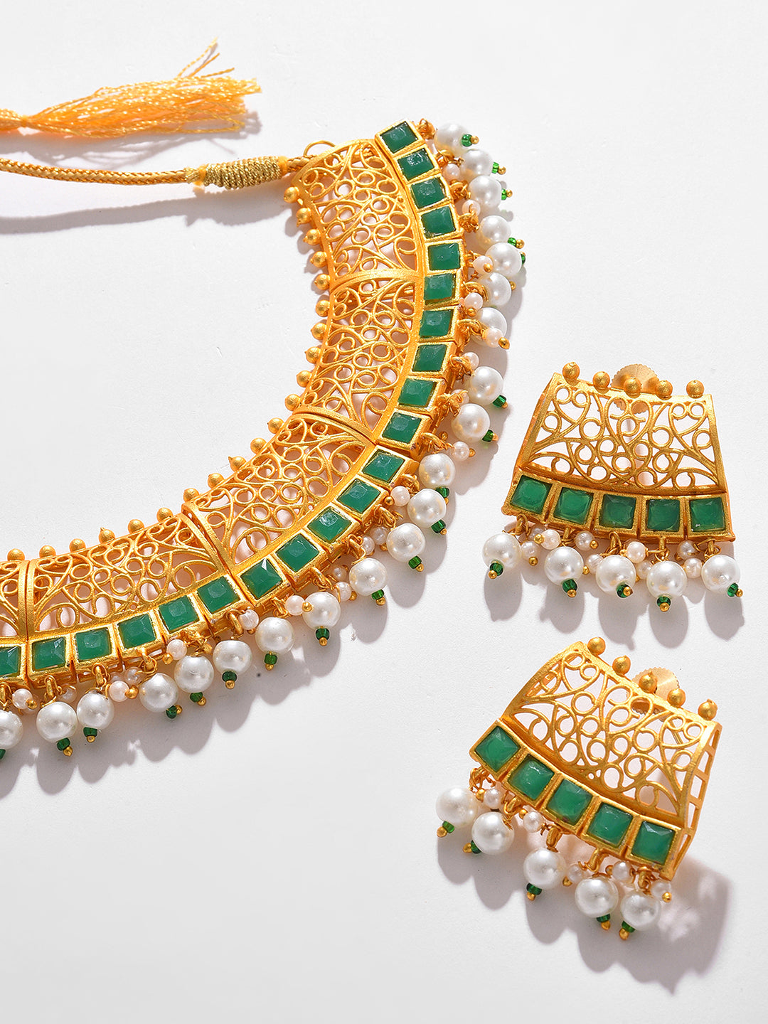 GOLD PLATED DESIGNER STONE BEADED NECKLACE AND EARRINGS SET