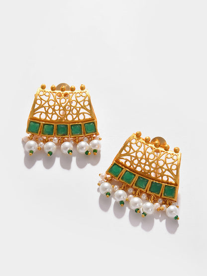 GOLD PLATED DESIGNER STONE BEADED NECKLACE AND EARRINGS SET