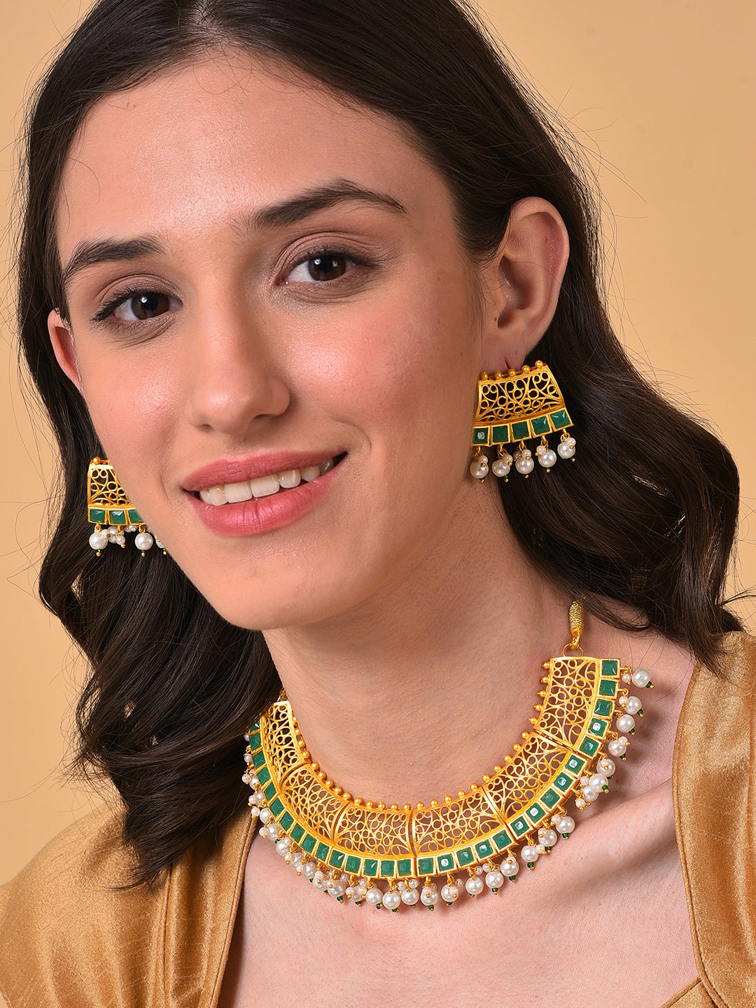 GOLD PLATED DESIGNER STONE BEADED NECKLACE AND EARRINGS SET