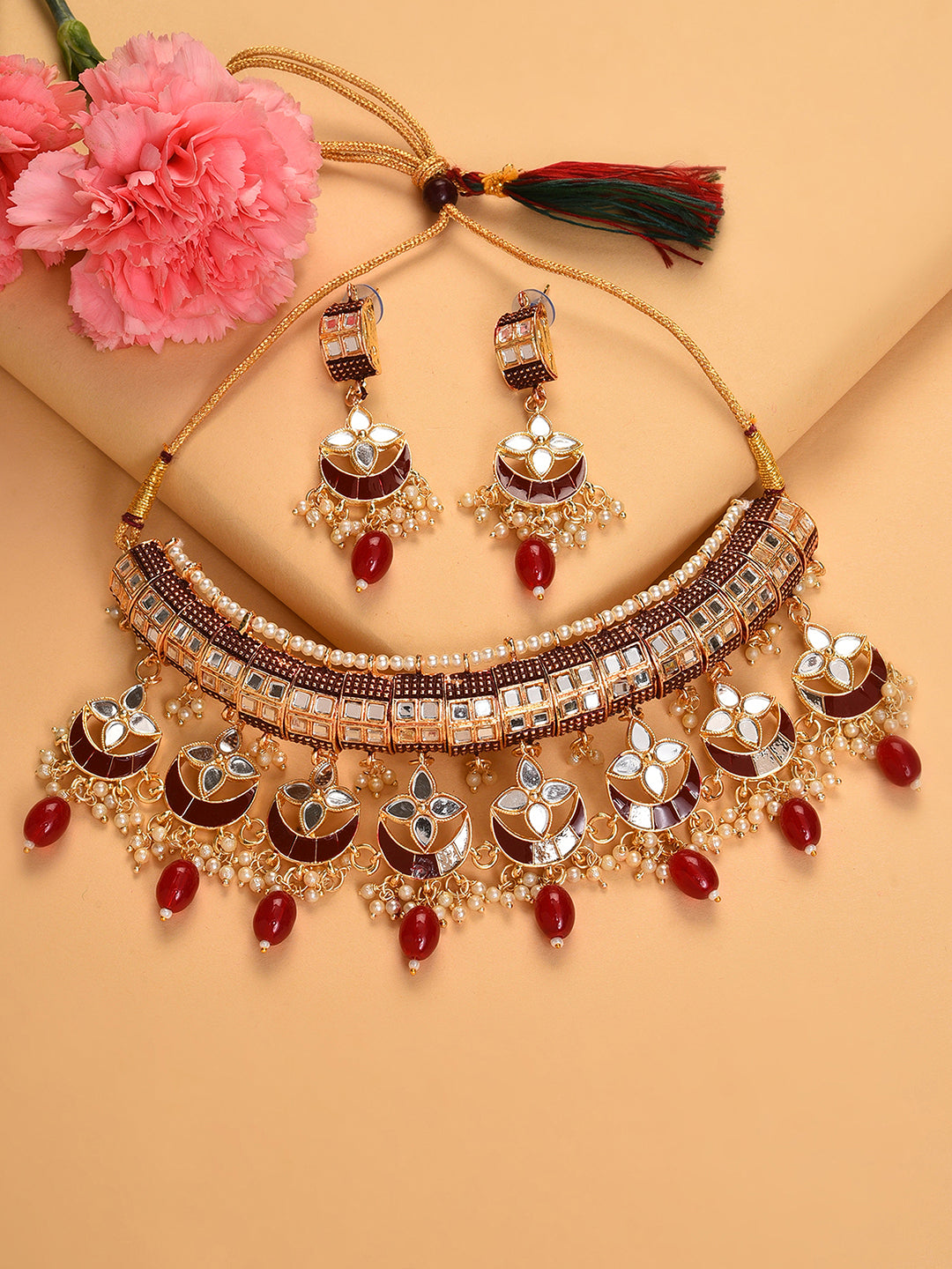 GOLD PLATED DESIGNER STONE BEADED NECKLACE AND EARRINGS SET