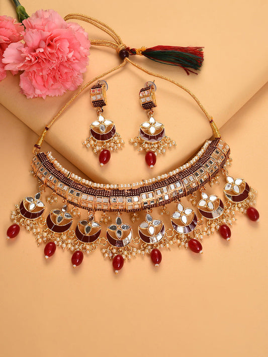 GOLD PLATED DESIGNER STONE BEADED NECKLACE AND EARRINGS SET