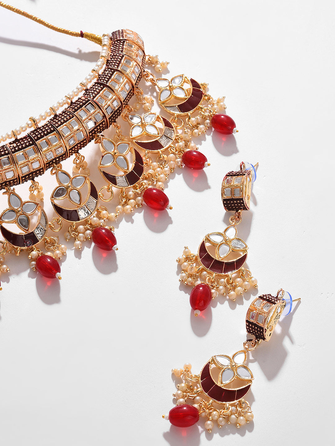GOLD PLATED DESIGNER STONE BEADED NECKLACE AND EARRINGS SET