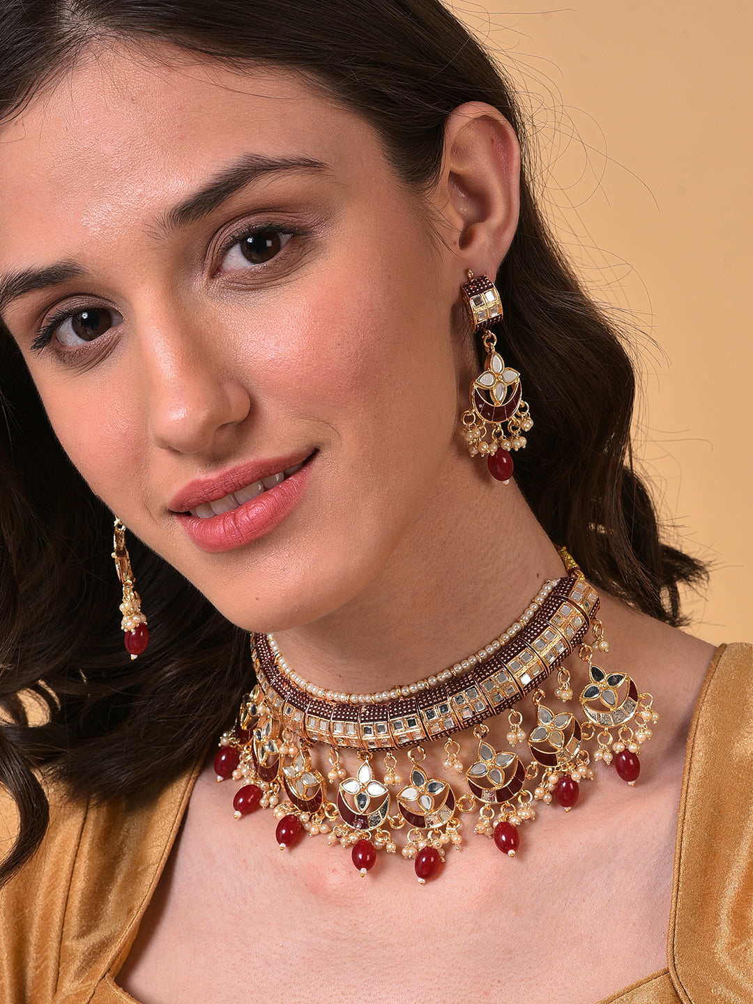 GOLD PLATED DESIGNER STONE BEADED NECKLACE AND EARRINGS SET