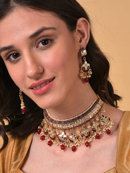 GOLD PLATED DESIGNER STONE BEADED NECKLACE AND EARRINGS SET