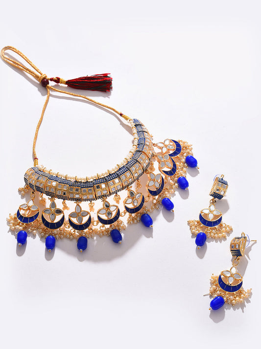 GOLD PLATED DESIGNER STONE BEADED NECKLACE AND EARRINGS SET