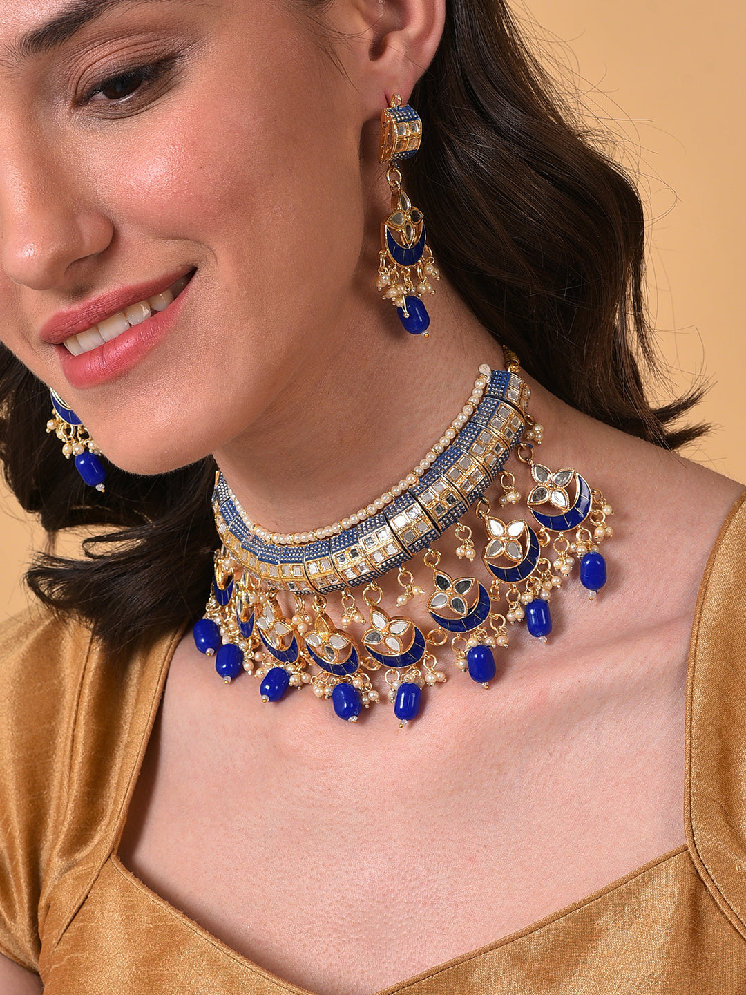 GOLD PLATED DESIGNER STONE BEADED NECKLACE AND EARRINGS SET