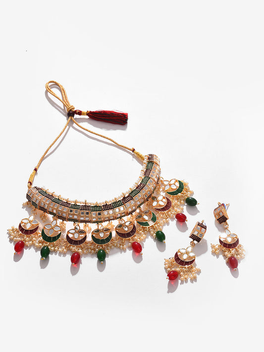 GOLD PLATED DESIGNER STONE BEADED NECKLACE AND EARRINGS SET