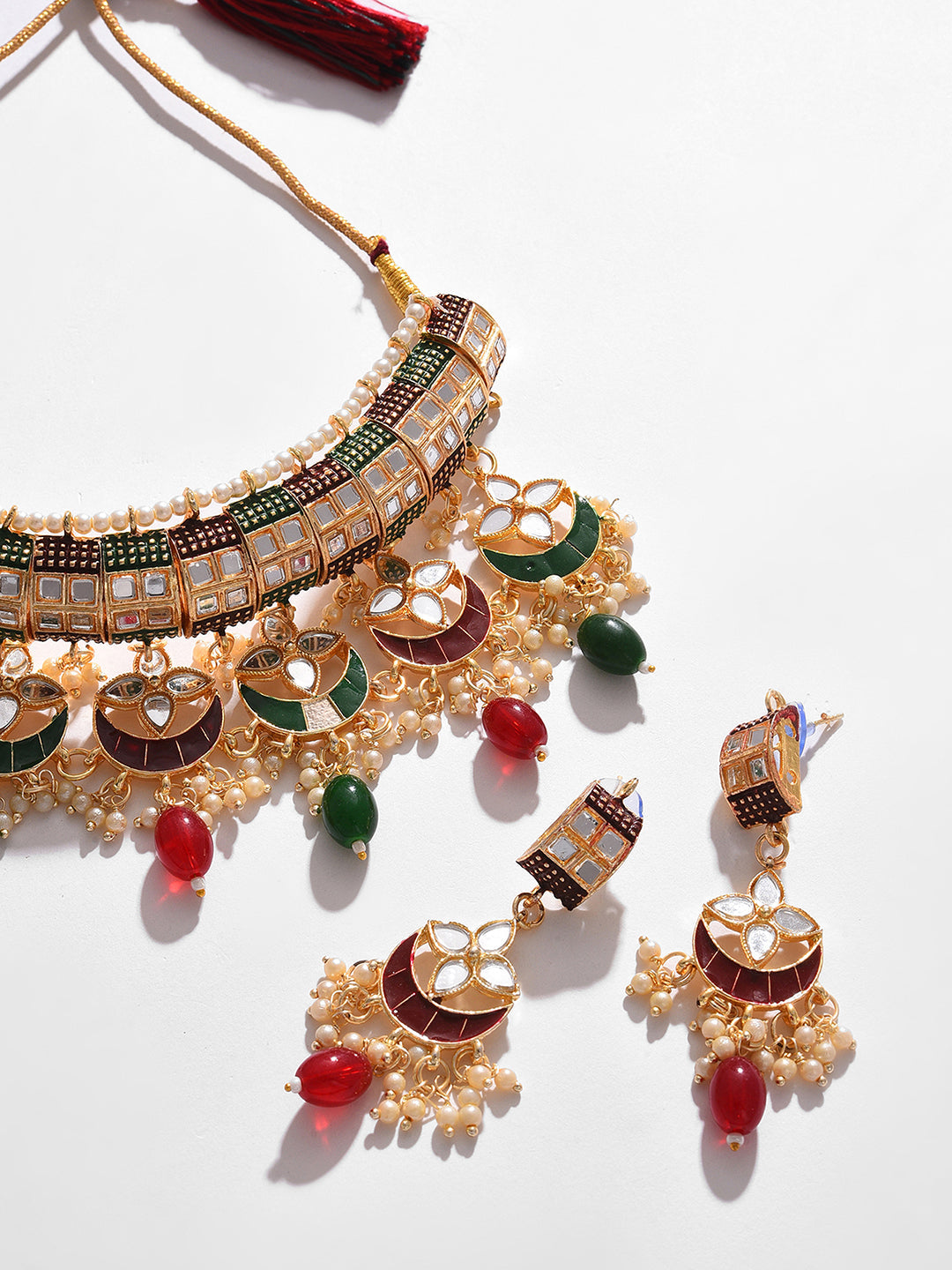 GOLD PLATED DESIGNER STONE BEADED NECKLACE AND EARRINGS SET