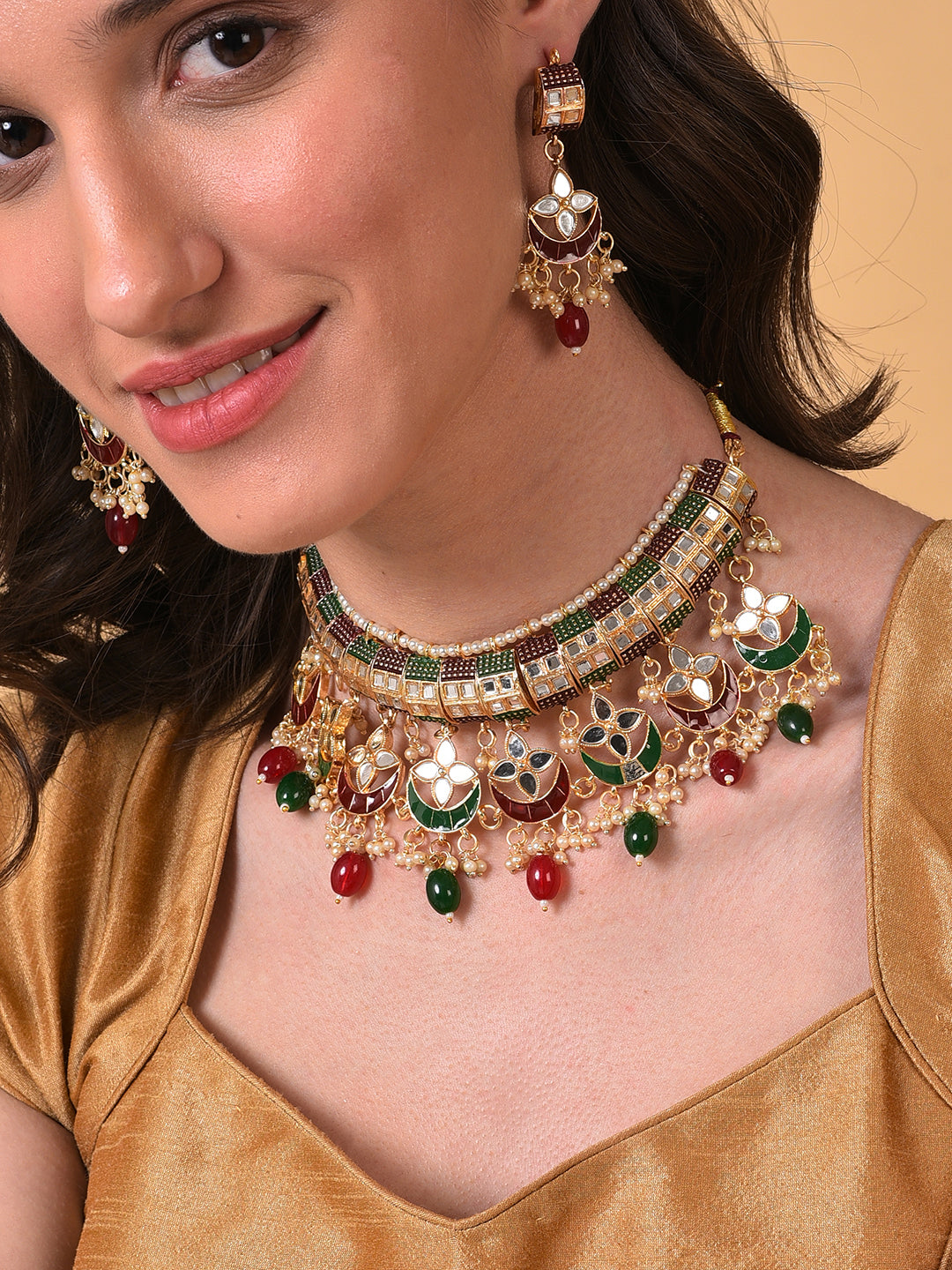 GOLD PLATED DESIGNER STONE BEADED NECKLACE AND EARRINGS SET