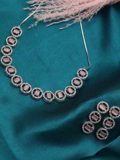 SILVER PLATED PINK STONE NECKLACE SET
