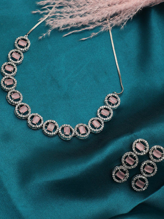 SILVER PLATED PINK STONE NECKLACE SET