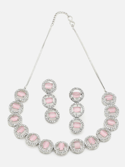 SILVER PLATED PINK STONE NECKLACE SET