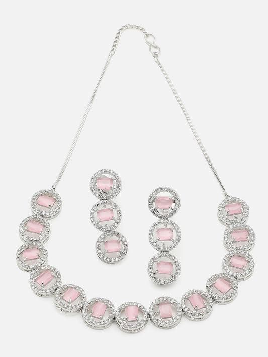 SILVER PLATED PINK STONE NECKLACE SET