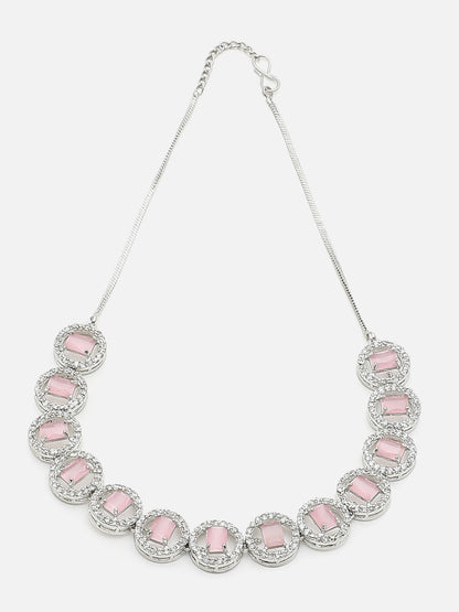 SILVER PLATED PINK STONE NECKLACE SET