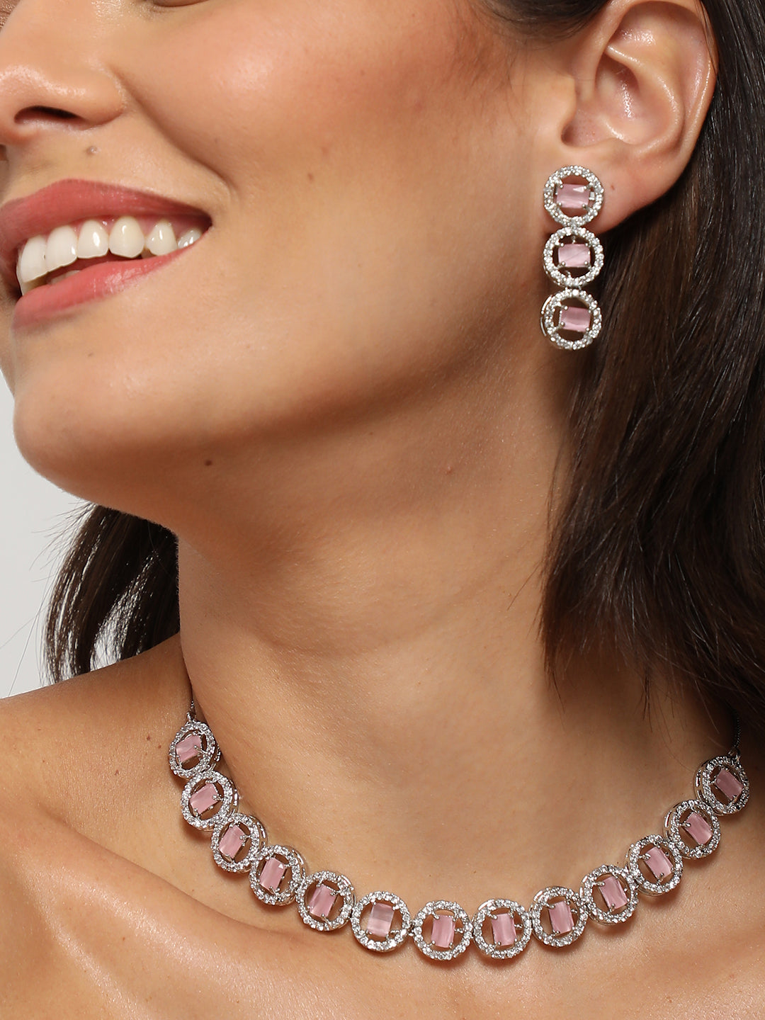 SILVER PLATED PINK STONE NECKLACE SET