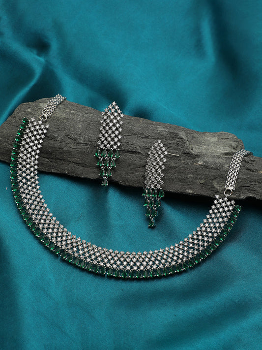 SILVER PLATED GREEN STONE NECKLACE SET