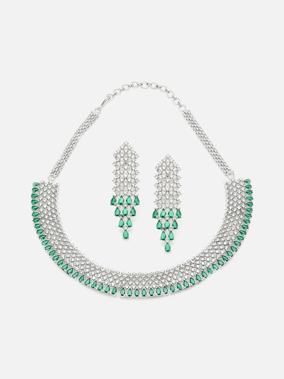 SILVER PLATED GREEN STONE NECKLACE SET