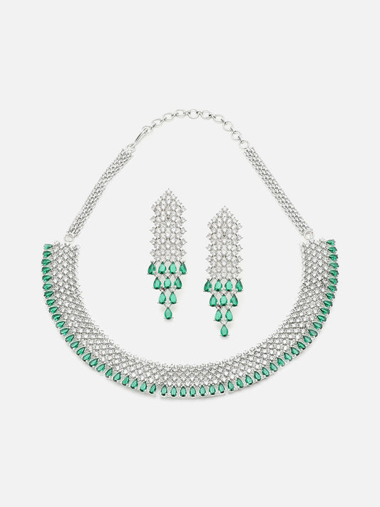 SILVER PLATED GREEN STONE NECKLACE SET