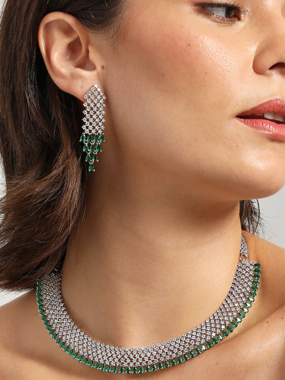 SILVER PLATED GREEN STONE NECKLACE SET