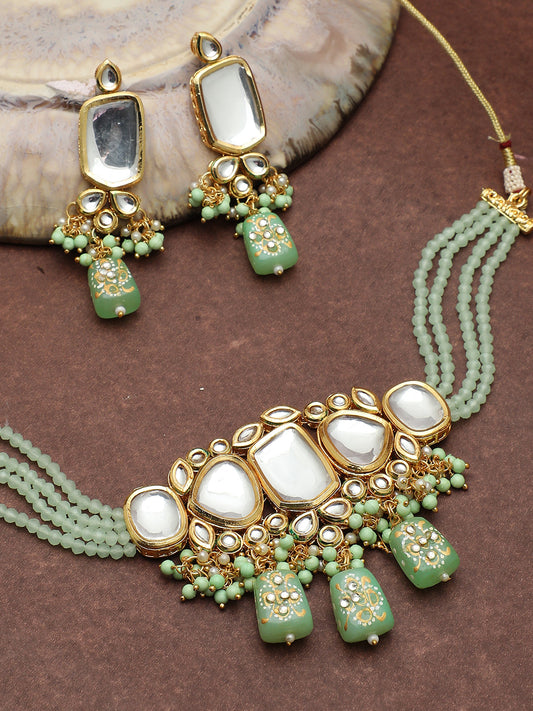 SILVER PLATED GREEN STONE NECKLACE SET