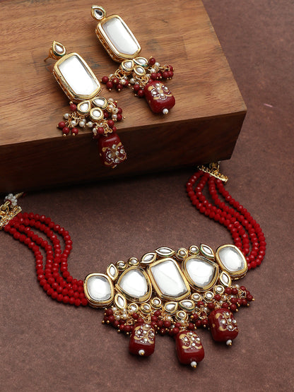 SILVER PLATED RED AMERICAN DIAMOND NECKLACE SET