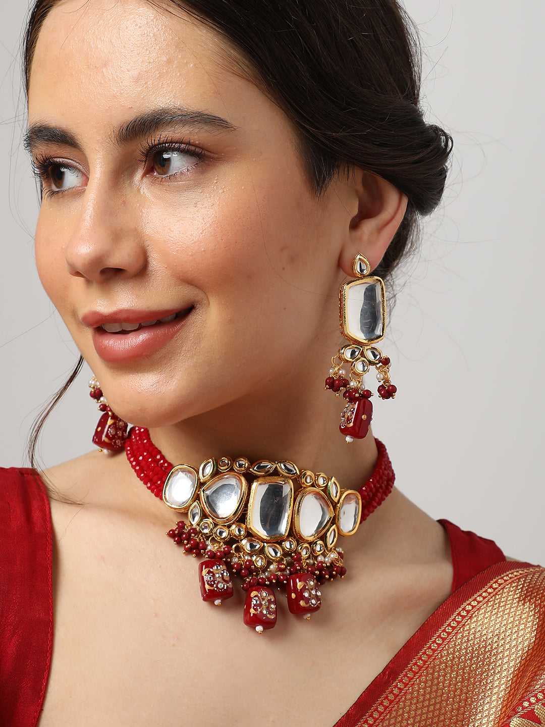 SILVER PLATED RED AMERICAN DIAMOND NECKLACE SET