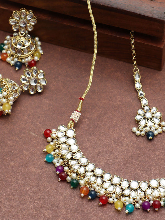 GOLD PLATED PINK DESIGNER STONE NECKLACE SET