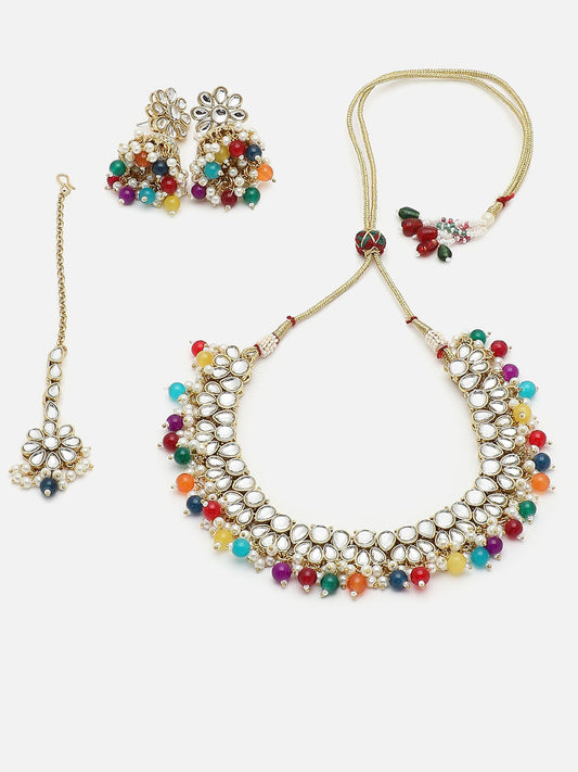 GOLD PLATED PINK DESIGNER STONE NECKLACE SET