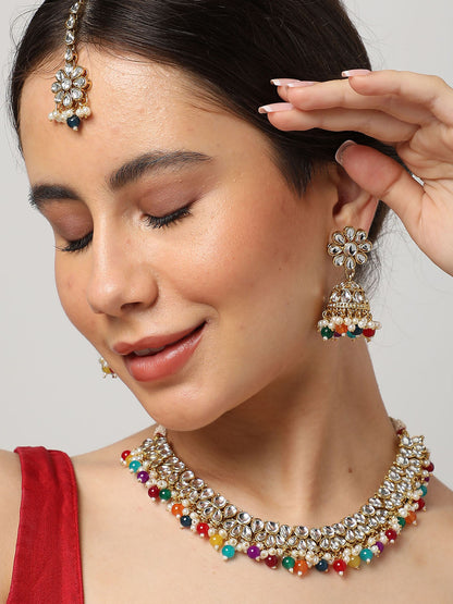 GOLD PLATED PINK DESIGNER STONE NECKLACE SET