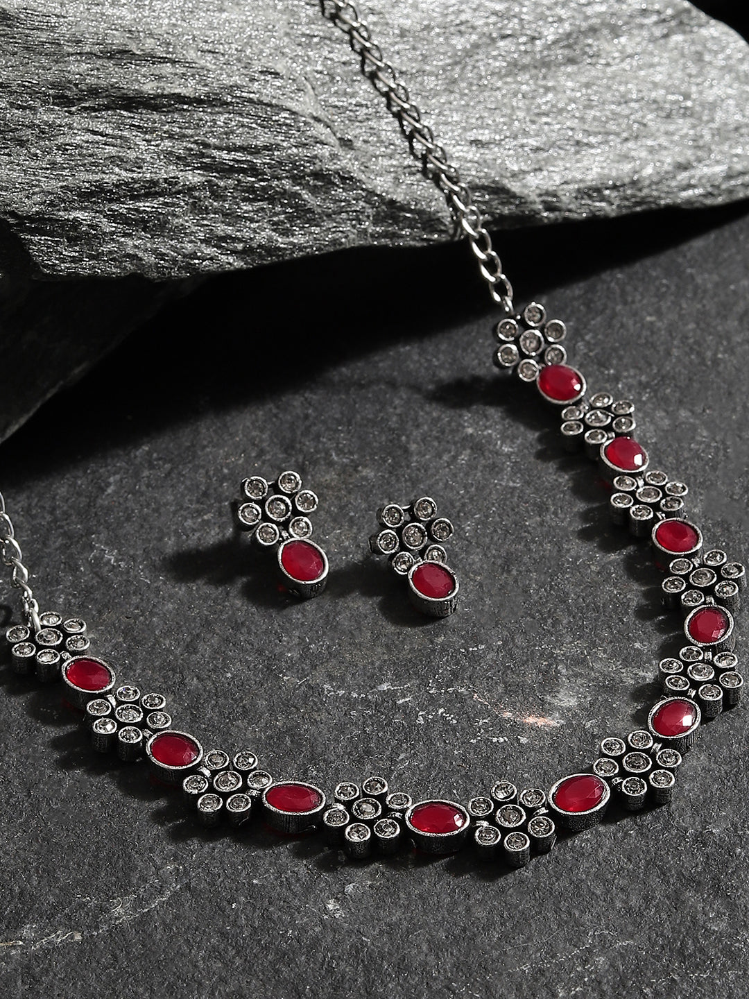 SILVER PLATED AMERICAN DIAMOND AND DESIGNER STONE NECKLACE AND EARRING SET