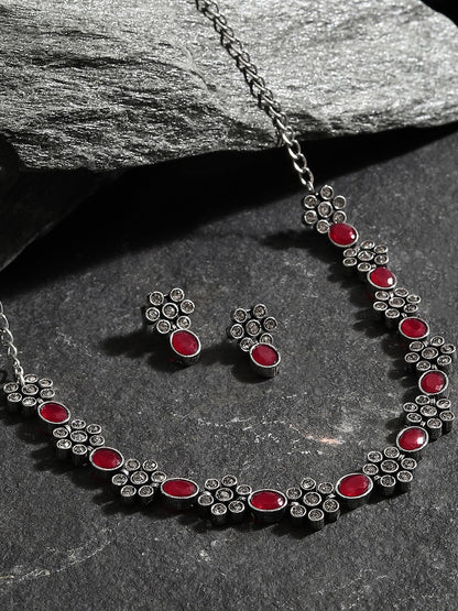 SILVER PLATED AMERICAN DIAMOND AND DESIGNER STONE NECKLACE AND EARRING SET