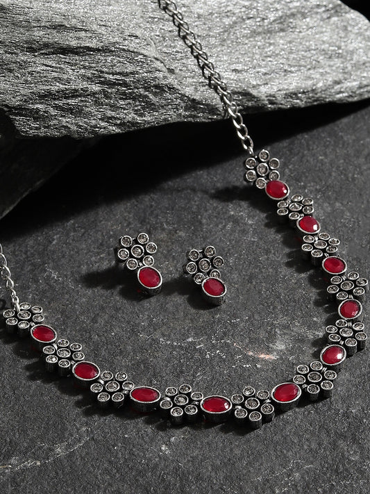 SILVER PLATED AMERICAN DIAMOND AND DESIGNER STONE NECKLACE AND EARRING SET
