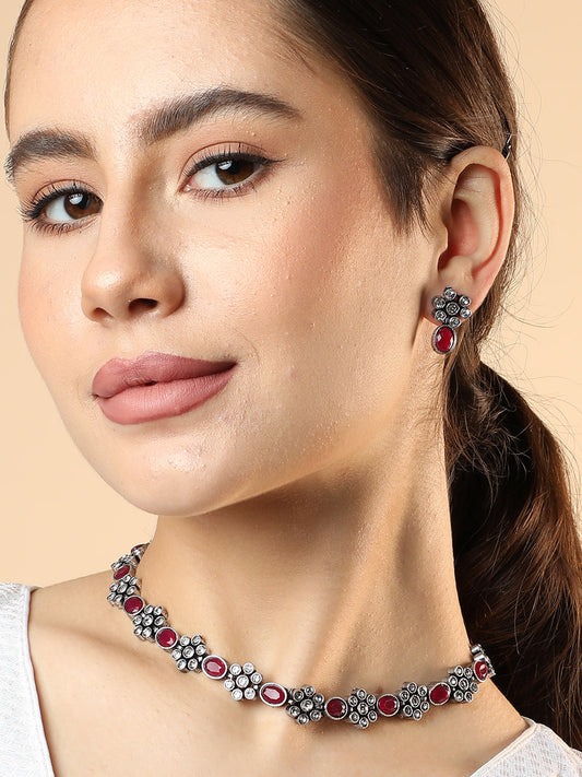 SILVER PLATED AMERICAN DIAMOND AND DESIGNER STONE NECKLACE AND EARRING SET