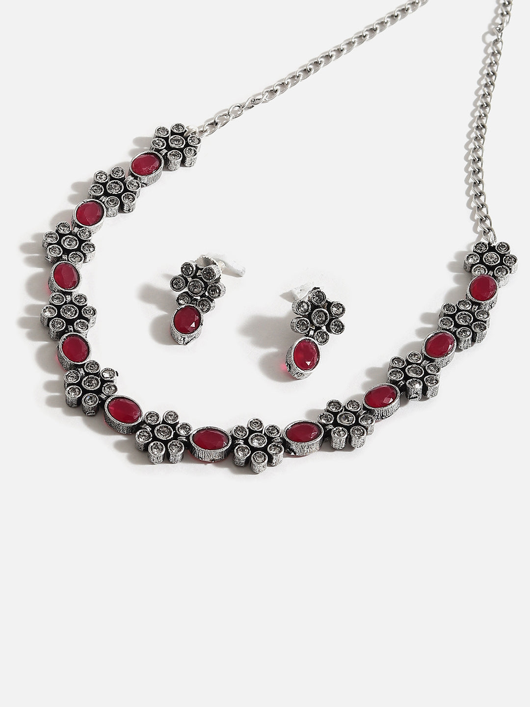 SILVER PLATED AMERICAN DIAMOND AND DESIGNER STONE NECKLACE AND EARRING SET