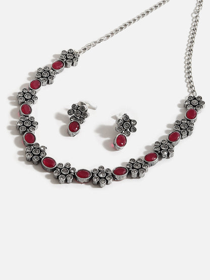 SILVER PLATED AMERICAN DIAMOND AND DESIGNER STONE NECKLACE AND EARRING SET