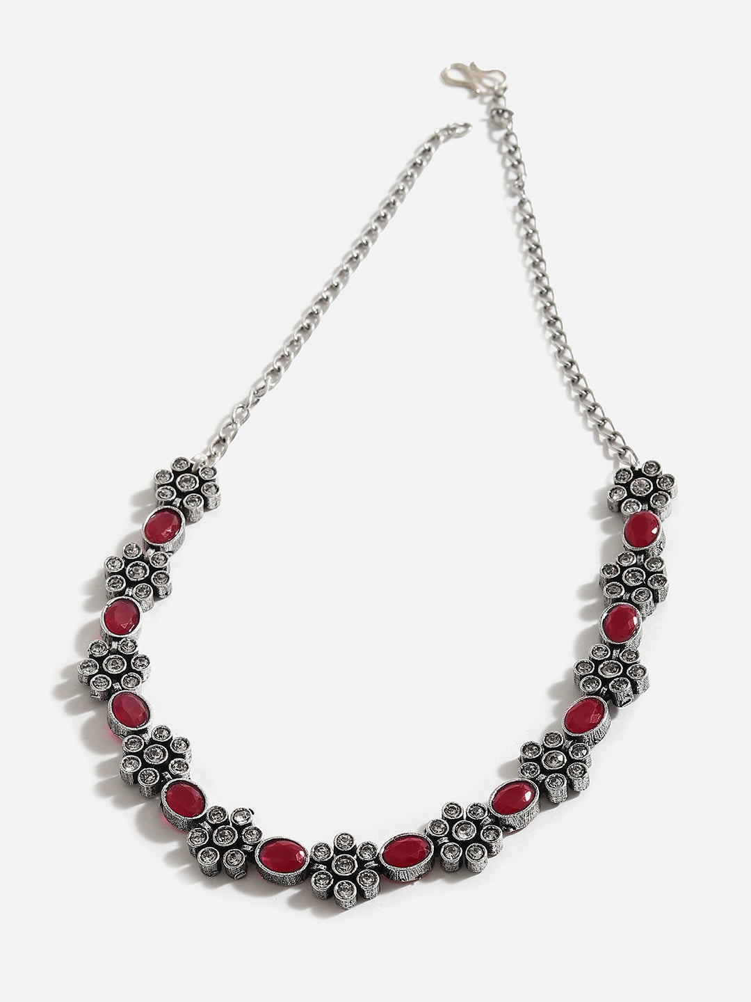 SILVER PLATED AMERICAN DIAMOND AND DESIGNER STONE NECKLACE AND EARRING SET