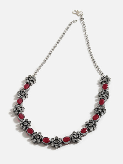 SILVER PLATED AMERICAN DIAMOND AND DESIGNER STONE NECKLACE AND EARRING SET