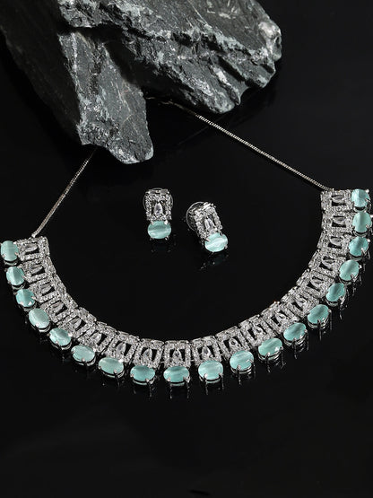 SILVER PLATED AMERICAN DIAMOND AND DESIGNER STONE NECKLACE AND EARRING SET